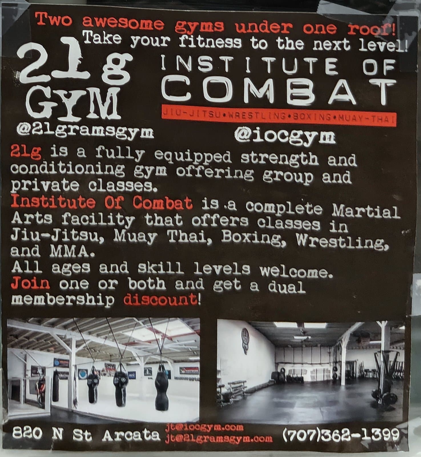 Flyer for 21g Gym & Institute of Combat