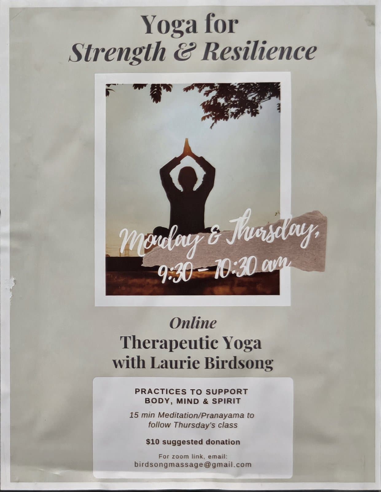 Flyer for Yoga for Strength & Resilience: Online Therapeutic Yoga with Laurie Birdsong