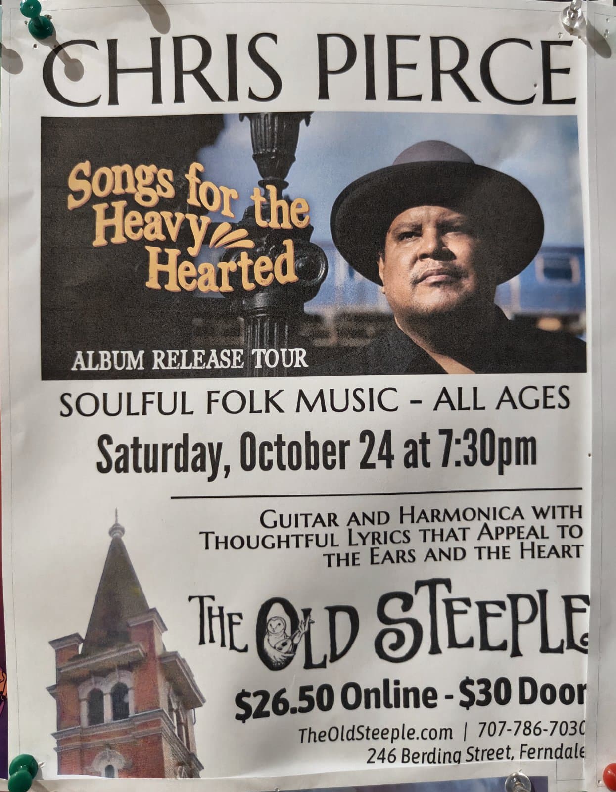 Flyer for Chris Pierce: Songs for the Heavy Hearted Album Release Tour