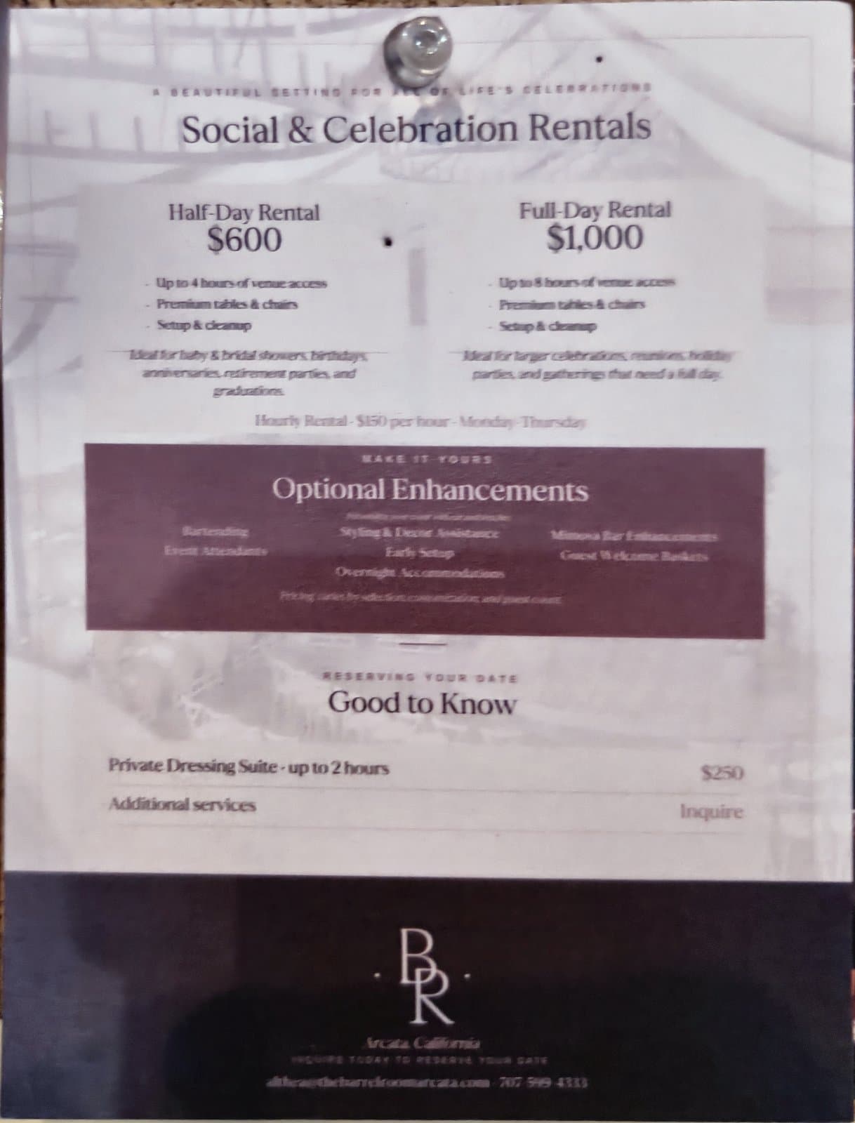 Flyer for Social & Celebration Rentals